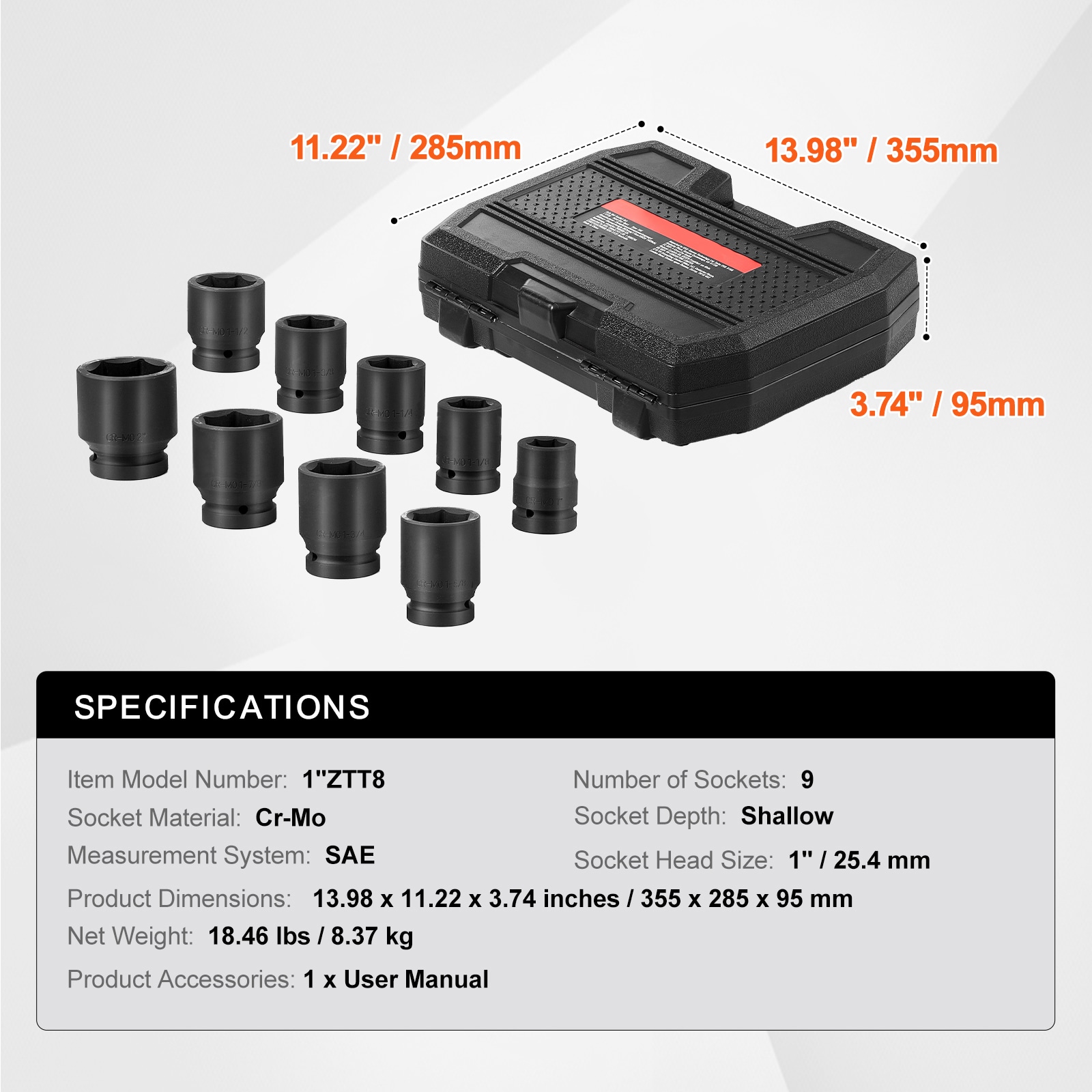 Axle Nut Impact Socket Set 1" Drive 6-Point 9PCS SAE Spindle Nut Socket_voghion.com